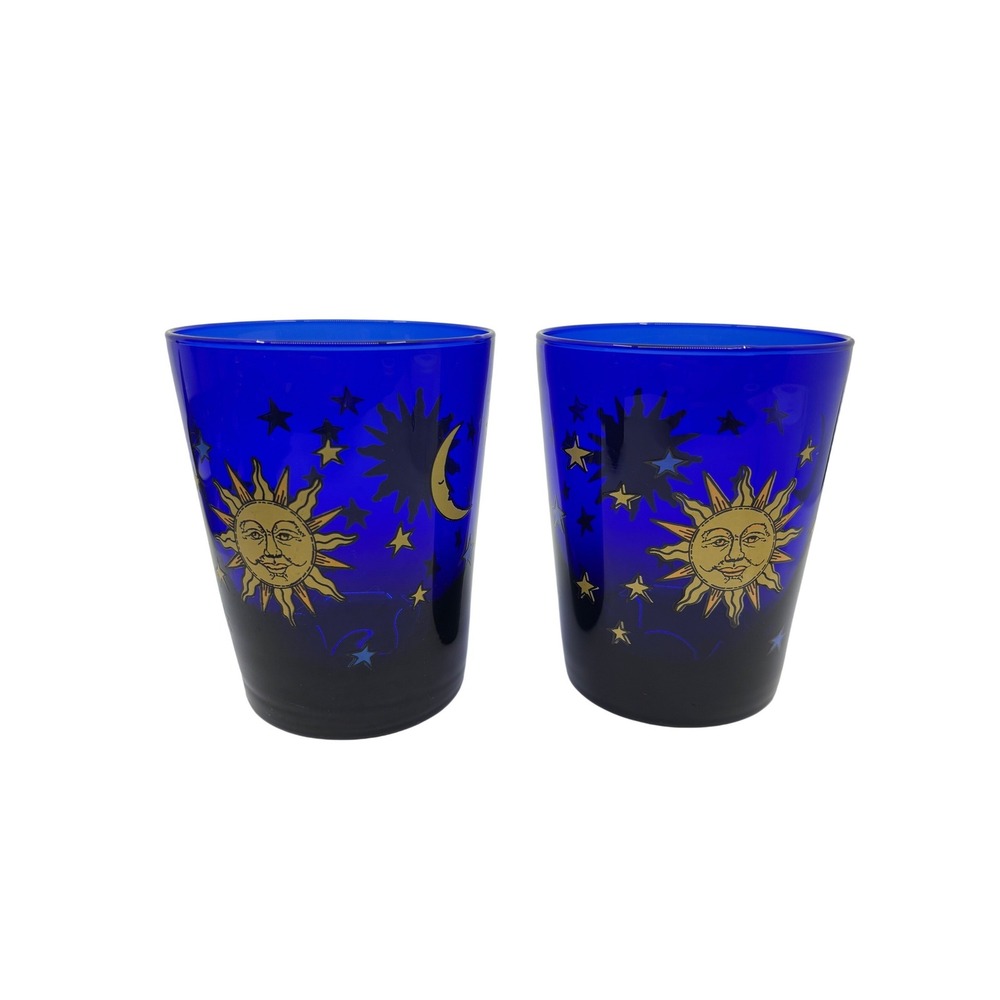 Libbey Cobalt Blue Celestial Sun Moon Stars Glass Tumblers Set of 2 Gold 4.5"